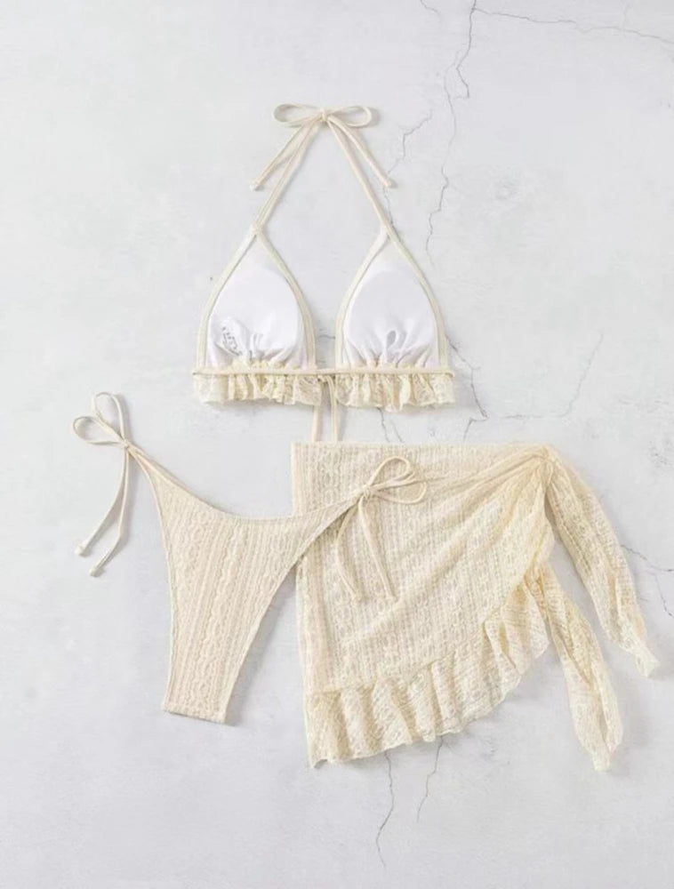 Sexy Mesh Bikini Swimsuit Women Bikini 3 Piece Set Solid Black/White/Ivory Summer 2025 New Beachwear Cute Bathing Suit Swimsuits