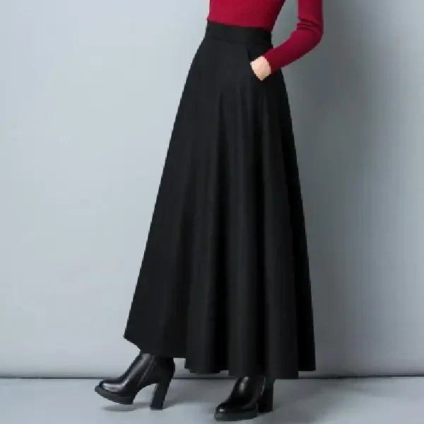 Autumn and Winter Solid Color Woolen Skirt Big Hem A- line Skirt High Waist Long Woman Skirts Mujer Faldas Saias Mulher