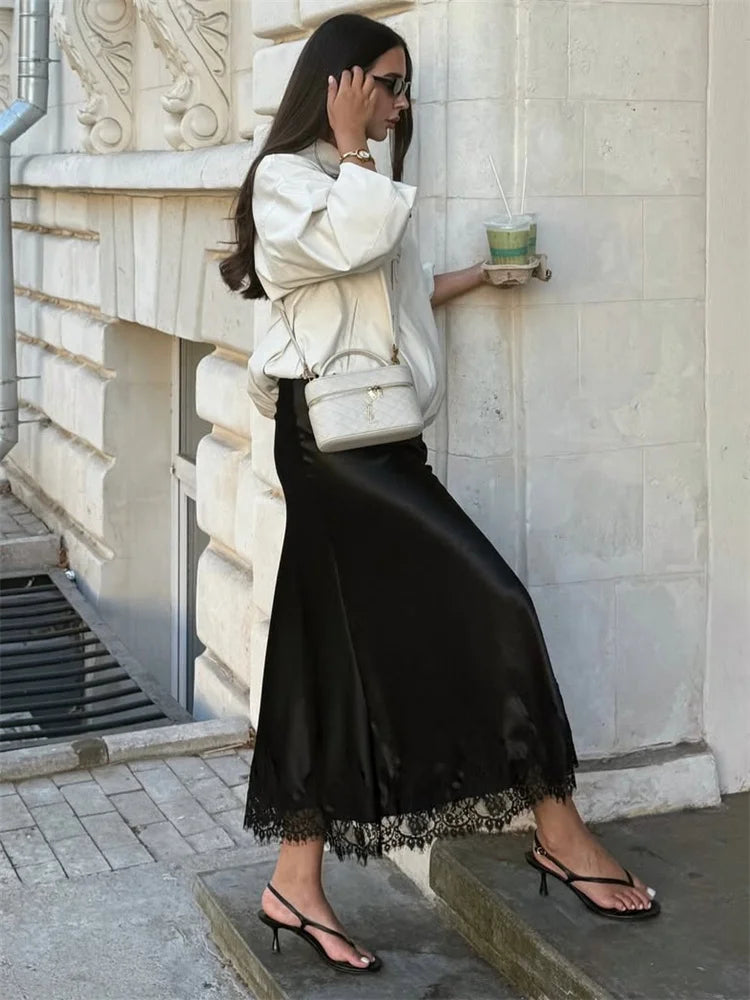 Tossy Fashion Autumn Lace Maxi Skirt For Women High Waist Slim Satin Elegant Commute Party Looks Female Printed Lace Long Skirt