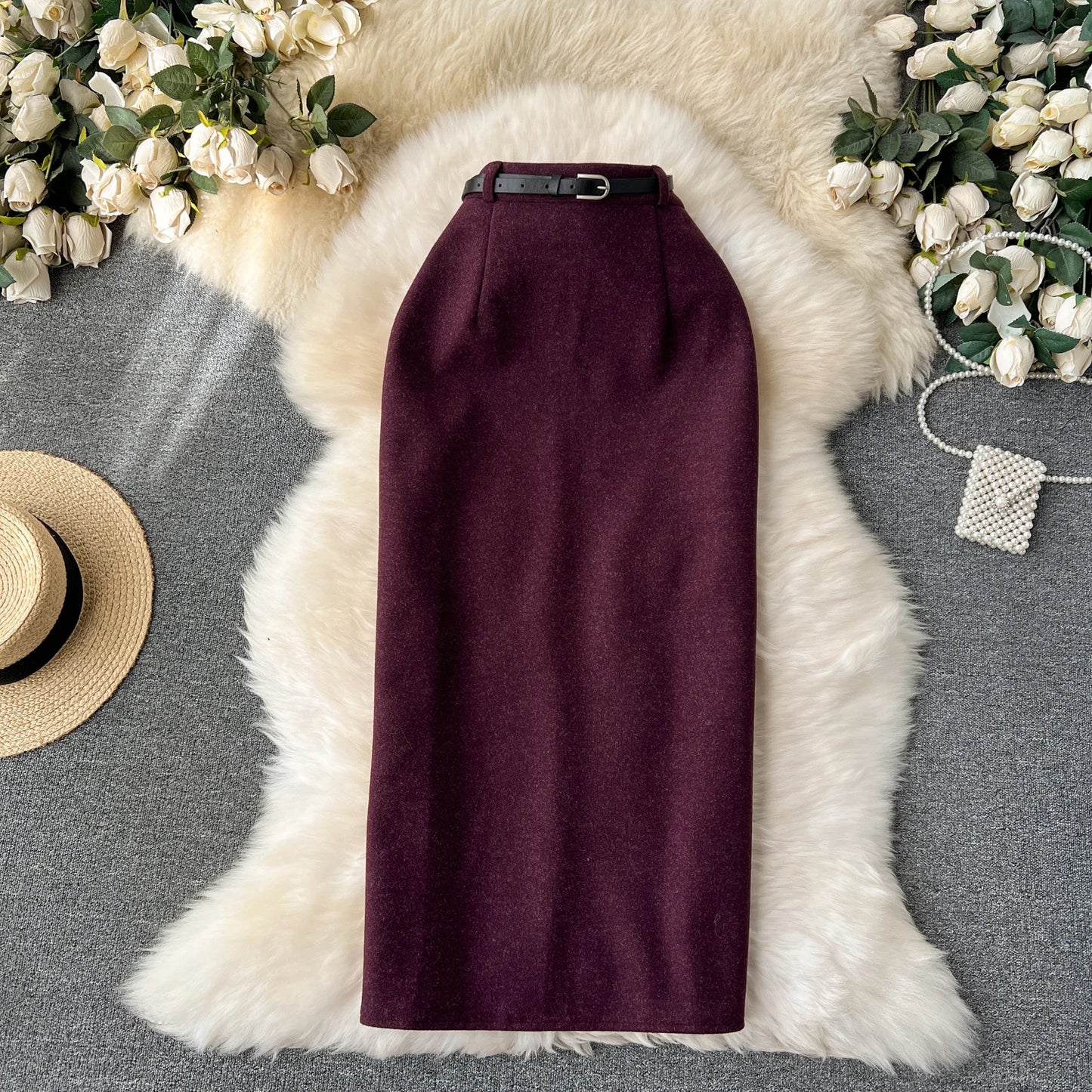 Woolen Midi Skirt Women Autumdn Winter High Waisted Elegant Pencil Skirt Female Slim Split Work Skirts