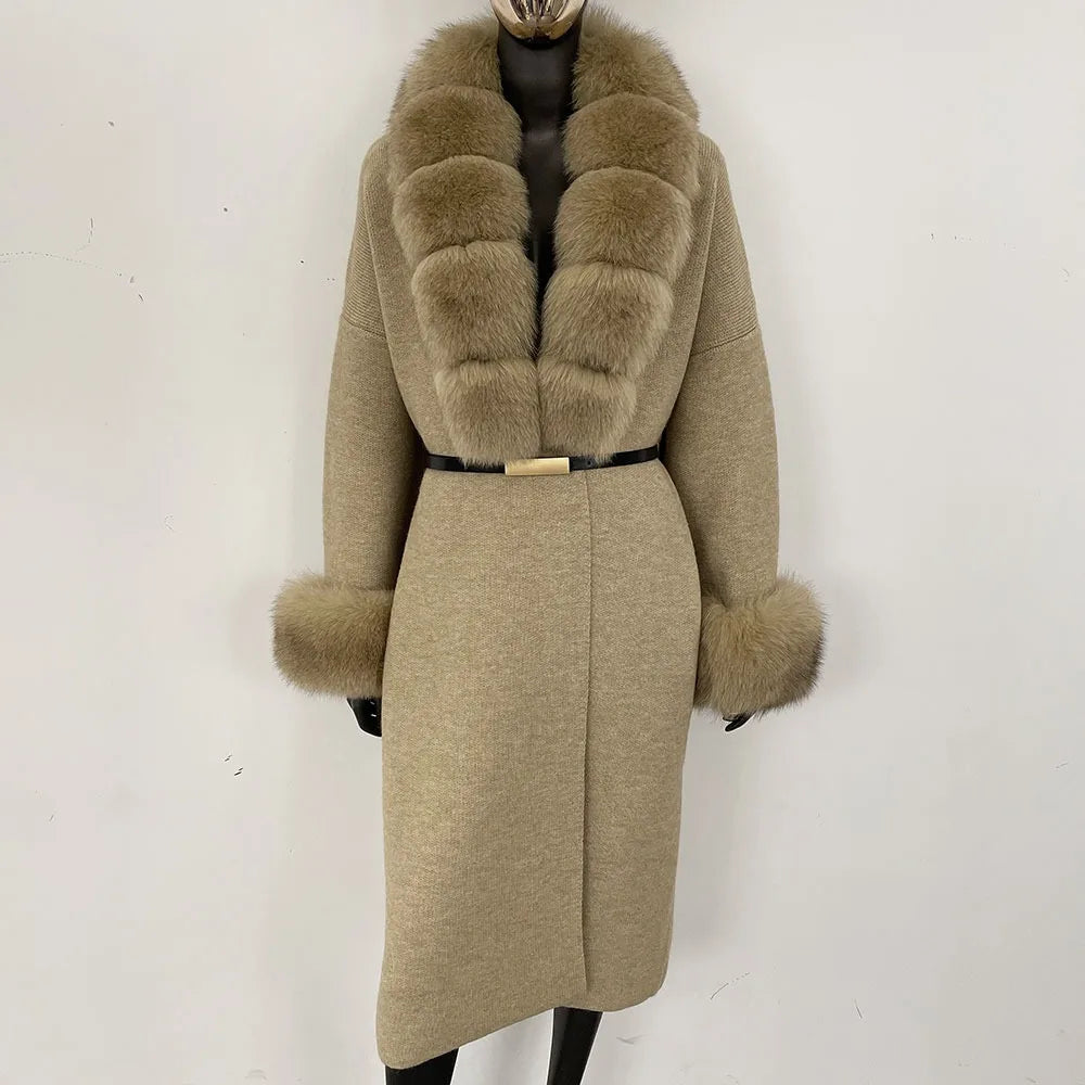 Long Knitwear Coat Women Warm Belt Real Fox Fur Jacket Female 2024 New Autumn Winter Kintted Natural Fur Coat Women