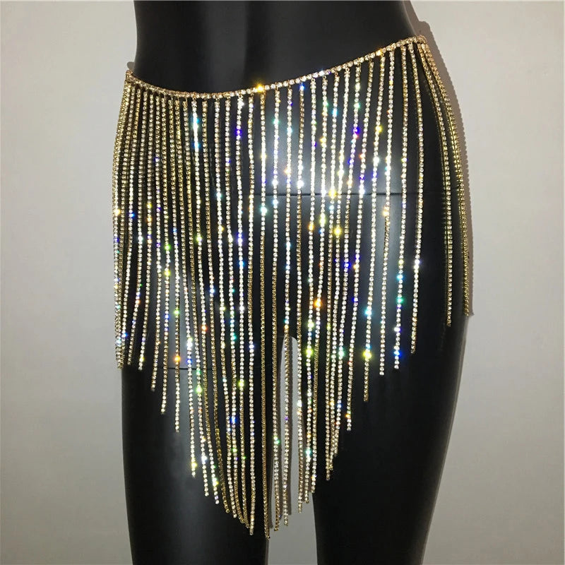 Sparkly Crystal Rhinestone Tassel  Mini Skirt Women Fashion See Through Hollow Out Metal Chain Nightclub Party Beach Outfits