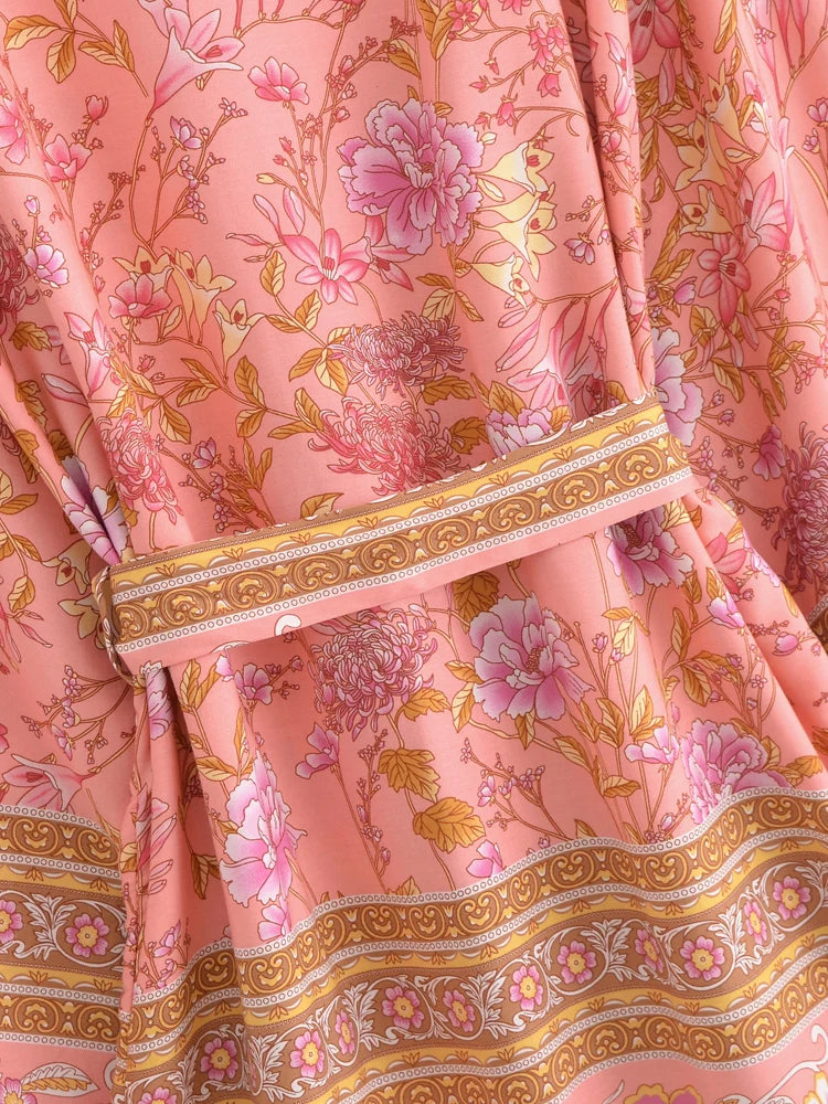 Boho Queens Multi Floral Print Sashes Short Kimono Women Bohemian V Neck Batwing Sleeves Rayon Robe Beach Bikini Cover-up