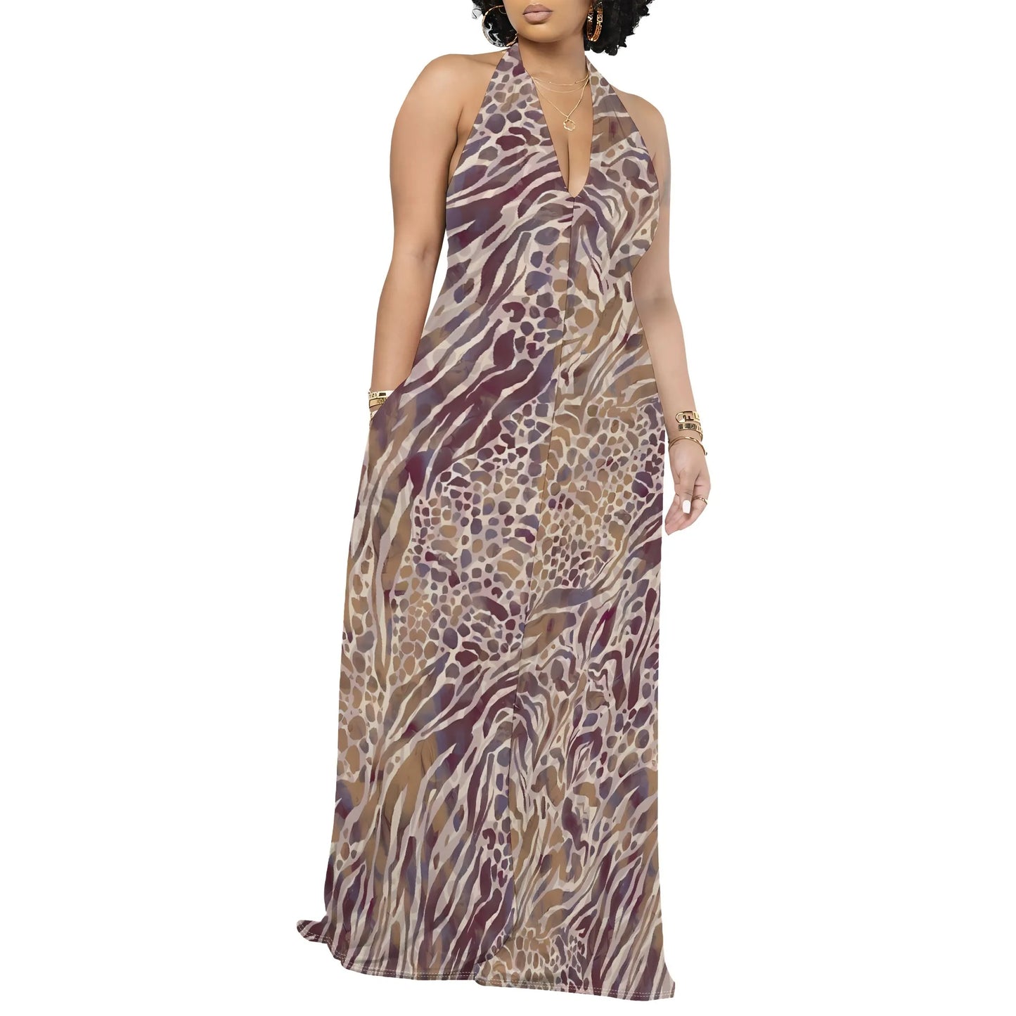 Nupusa Leopard Print Dress for Women Summer Casual Halter Neck Maxi Dress