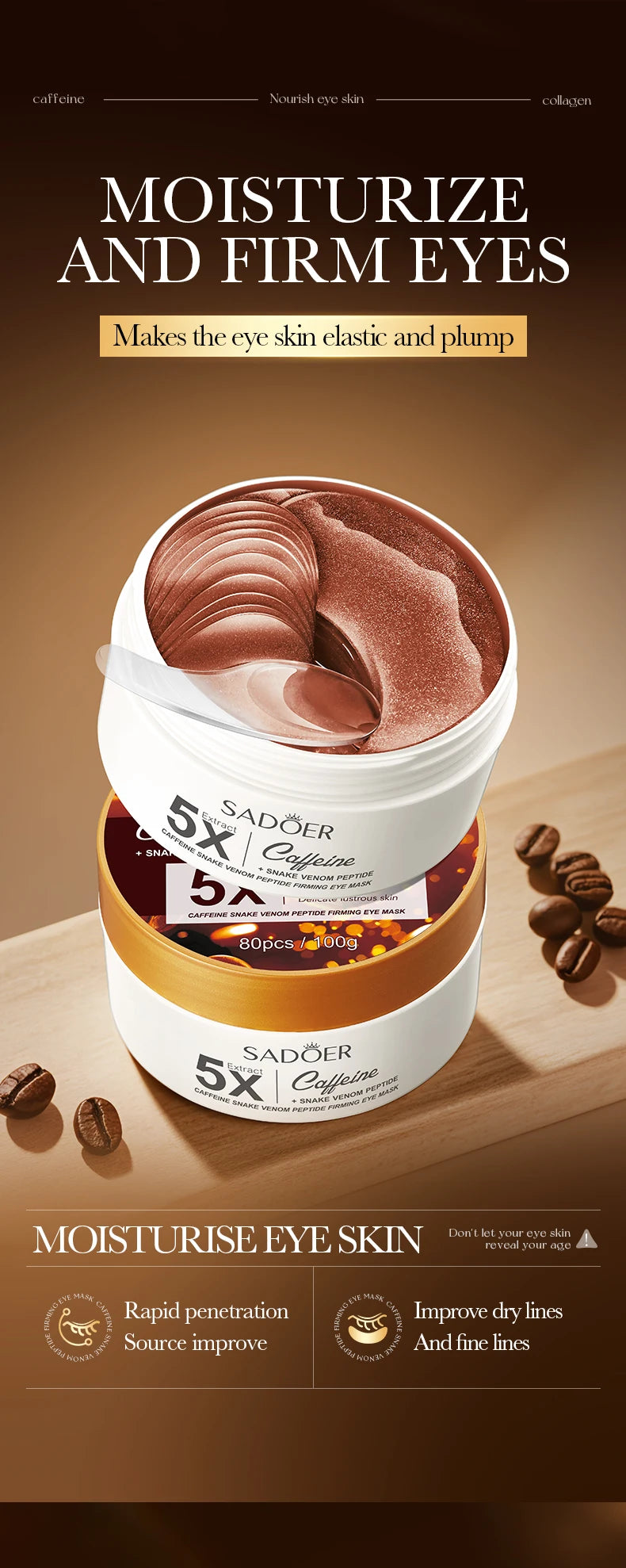 60pcs SADOER Caffeine Eye Mask Anti Dark Circles Firming Moisturizing Wrinkles Anti-aging Hydrating Seaweed Patches