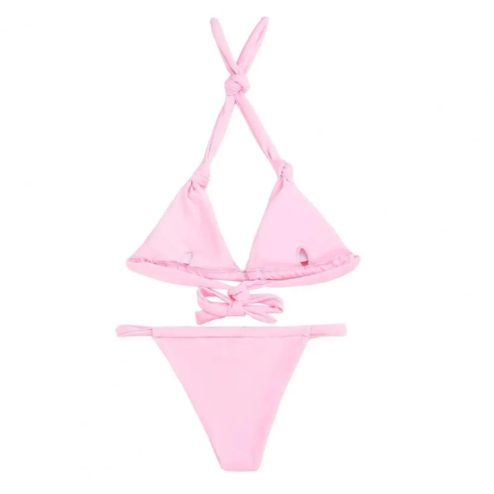 2Pcs/Set Women's Swimsuit 2025 Solid Color Halter Bikini Set With Padded Sexy Split Design Lady Swimwear Woman Clothing