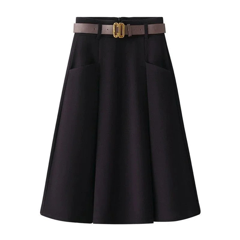 New Spring Autumn Fashion Skirt Women Elegant High Waist Solid Color A-line Casual Midi Skirts Office Lady Women's Clothing