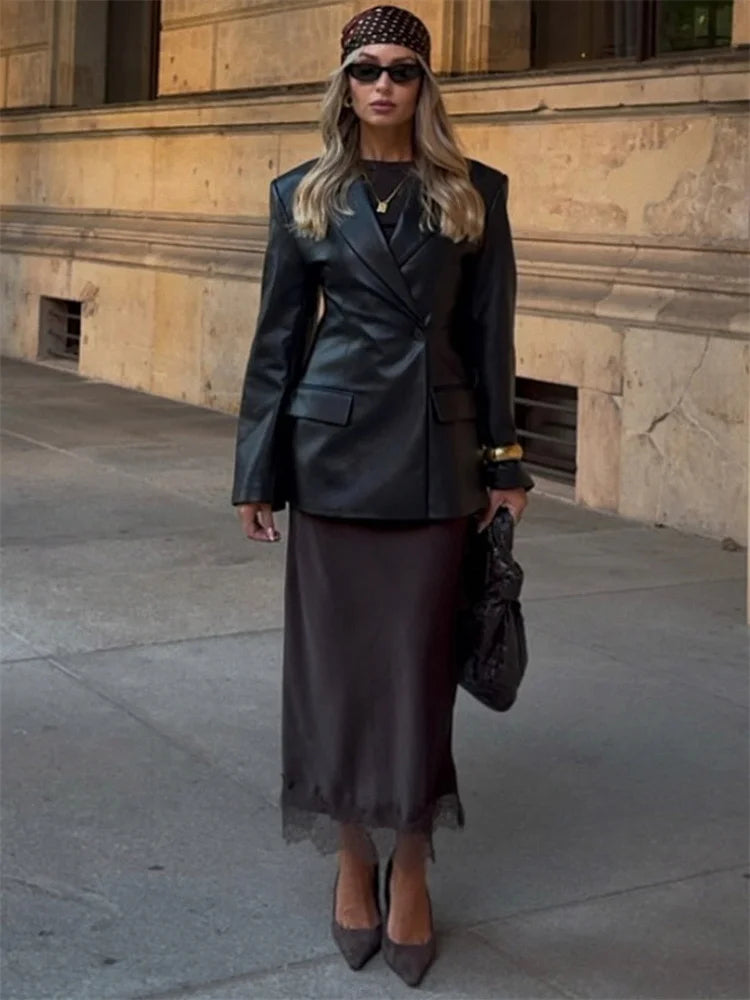 Tossy Fashion Autumn Lace Maxi Skirt For Women High Waist Slim Satin Elegant Commute Party Looks Female Printed Lace Long Skirt