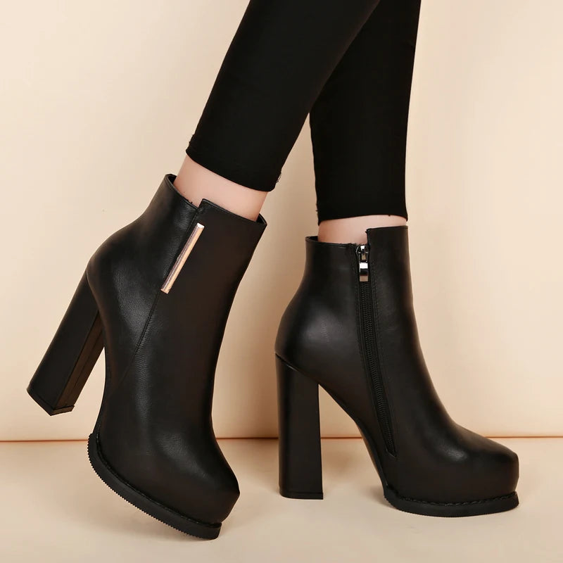 Autumn Winter Plush Boots Women British Thick Heel Waterproof Platform Thick Bottom Short Boot High Heels Lady