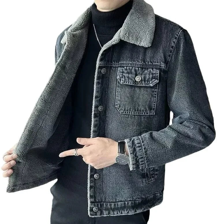 Men's Denim Jacket Winter Thickened Fleece Lined Fashionable New Arrival Hot Sale Of The Season Cotton Coat with Lamb Fur Collar
