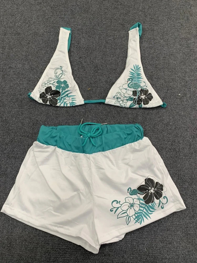 Summer Y2K Aesthetic Vintage Contrast Flower Print Suspender Bra Shorts Set Beach Fashion Hot Sexy Ladies Split Two Piece Bikini