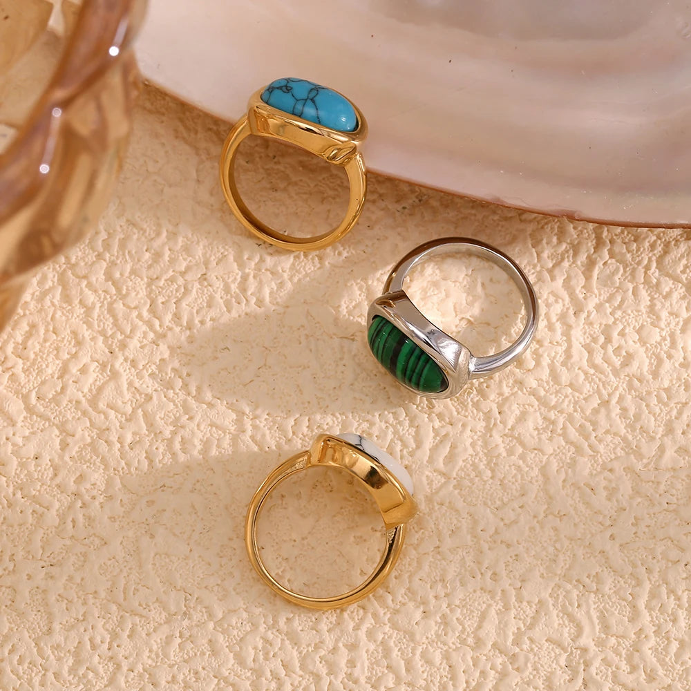 E.B.belle Minimalist Style Gemstone Ring Oval Shape Natural Stone 18k Gold Plated Stainless Steel Jewelry For Women Party GIft