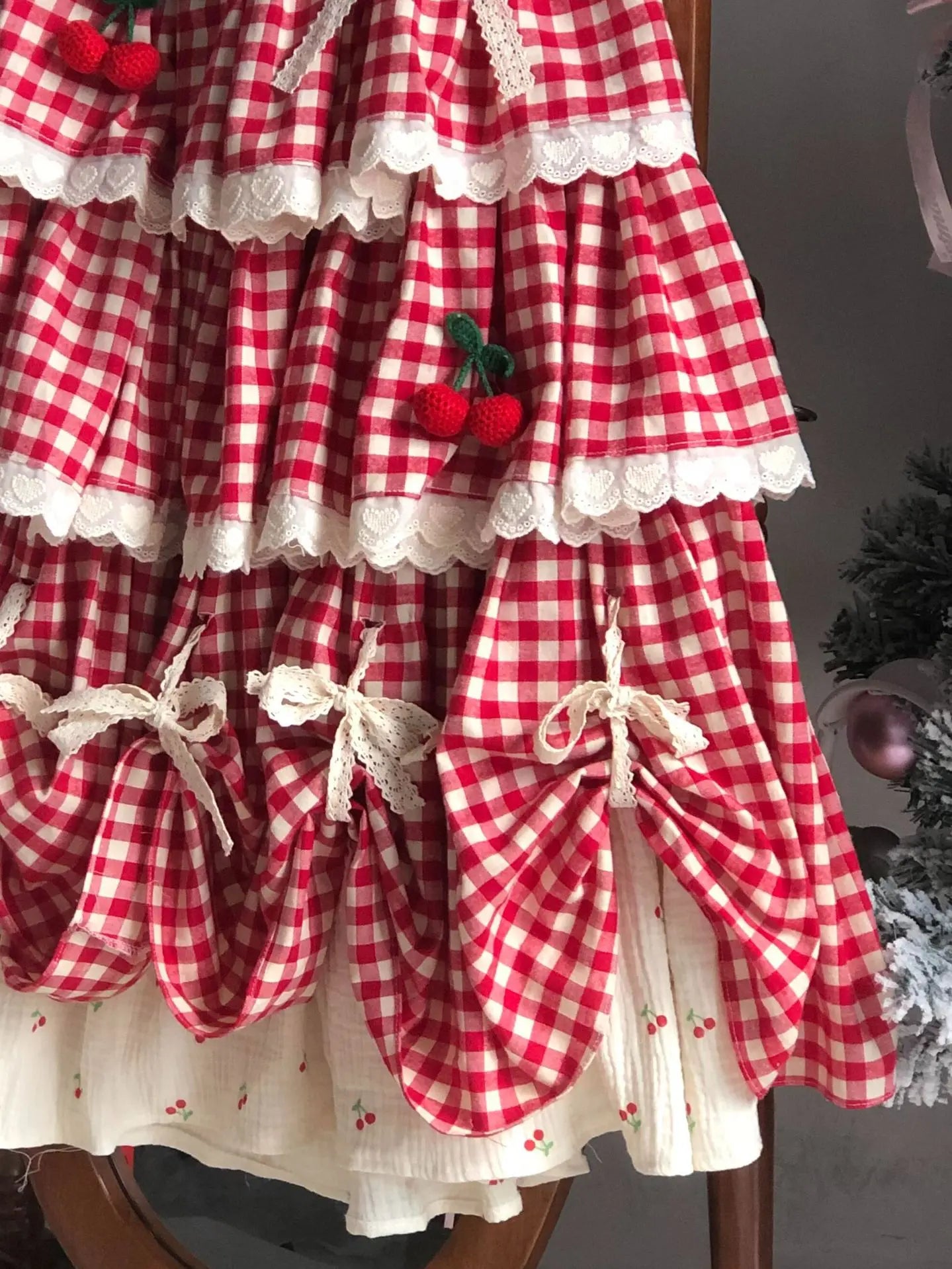 Sweet Multi-Layered Ruffle Cake Skirt Women's Autumn Winter New Cherry Design Lace Half Skirt Fresh And Cute Style Midi Skirt