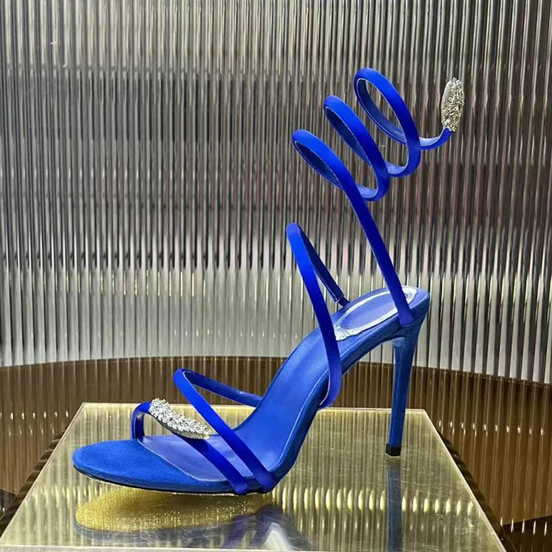 Summer High Heels Sandals Woman Butterfly-knot Rhinestone Snake Twine Around Ankle Strap Wedding Shoes Thin Heels Sandals Women