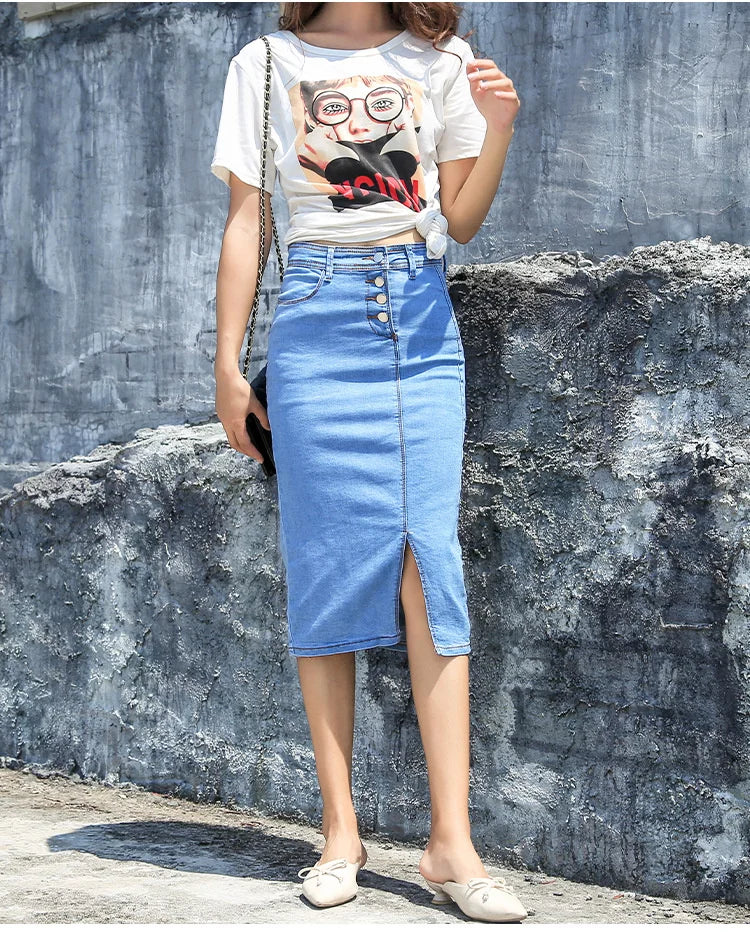 Women's Button Style Wrap Hip Slim Denim Skirt Fashion Mid Length Hip Skirts For Women