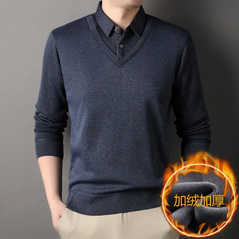 Men's Long Sve Fce Lined Knitted irt Busin Casual Sle Winter Warm Top Fake Two-Piece Design Comfortable Fit