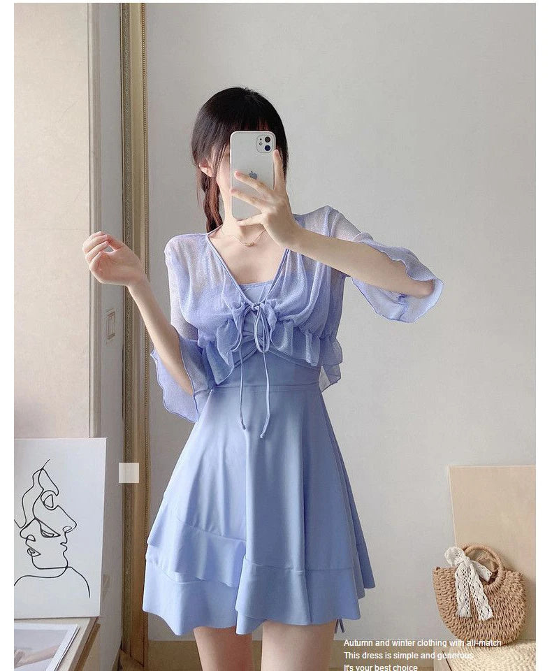 Women's High-End Bikini Tee-Piece Set Skirt Sle Faionable Thermal Spa Swimsuit Meat Covering Slimming Beachwear