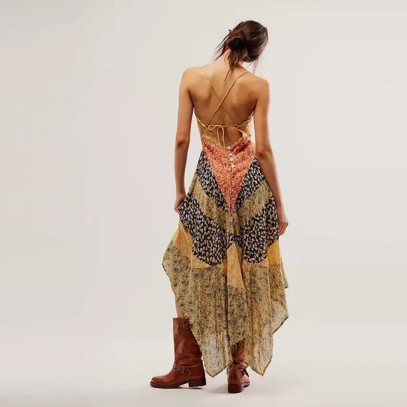 Sexy V-neck Sleeveless Slim Bohe Vacation Dress Vintage Backless Pleated Print Long Dress Elegant Irregular Women's Party Dress