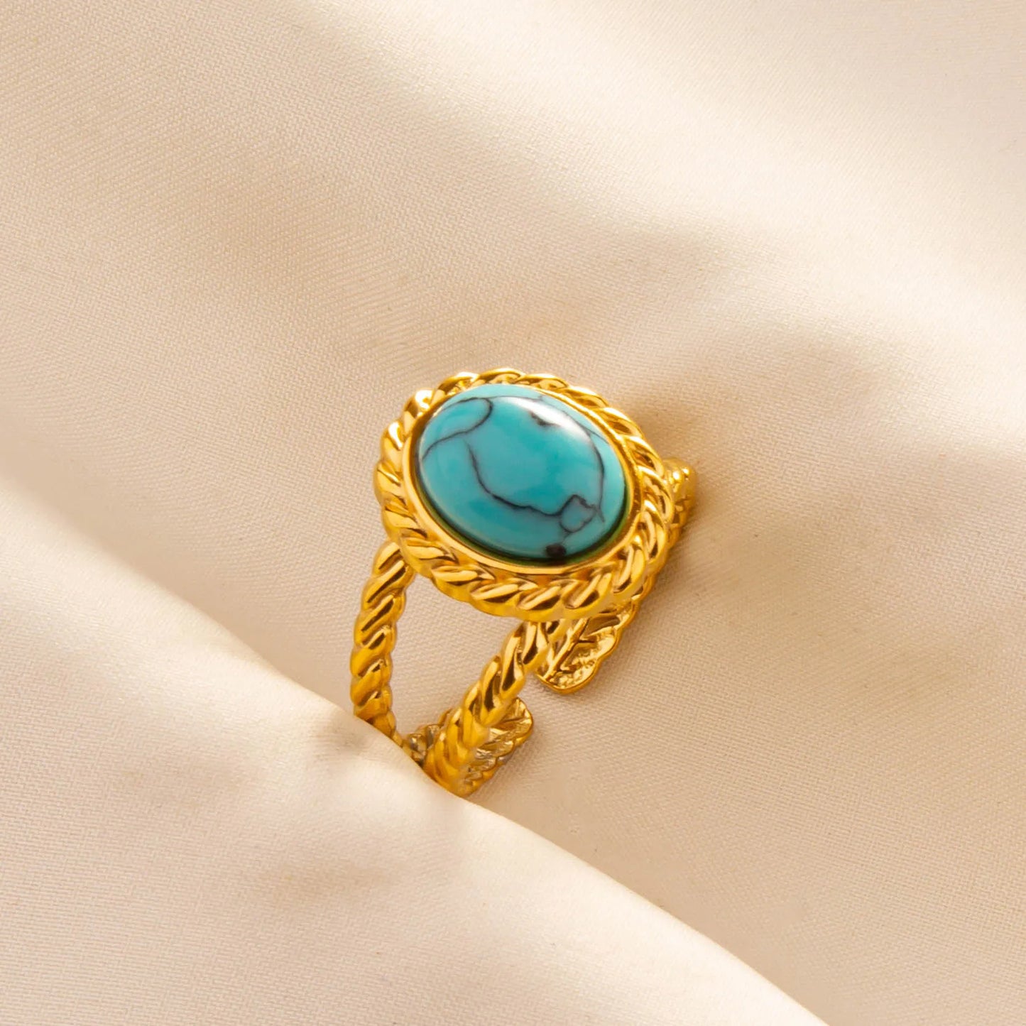 Classic Retro Turquoise Finger Jewelry Stainless Steel Rings For Women Men Accessories Open Adjustable 18k Real Gold Plated Ring