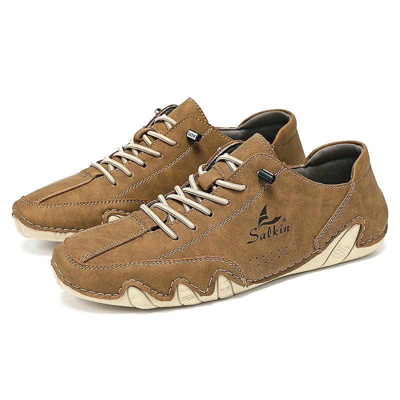 New 2025 Fashion Handmade Leather Casual Men Shoes Design Sneakers Slip On Loafers Breathable Low Top Flats Driving Plus Size