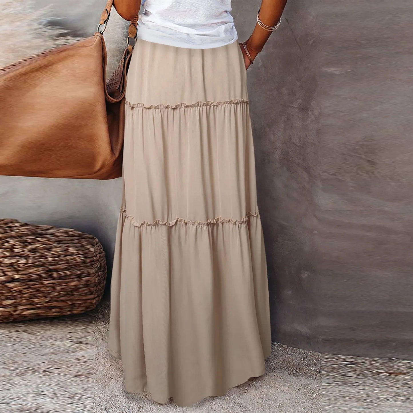 Women long skirt Fashion Solid Color Long Skirts Elastic Waist faldas Loose Casual High Waist saia Versatile Half-Body Dress