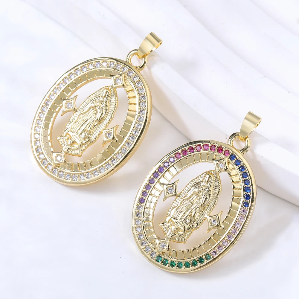 Juya 18K Real Gold Plated Religious Pendant Jewelry Making Supplies Creative Saint Mary Virgin Christian Cross Charms Supplies