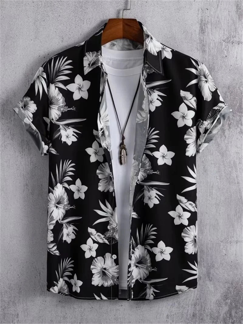 Hawaiian Botanical Flower Print Men's and Women's Short Sleeve Lapel Seaside Button-Down Shirt Top Casual Fashionable Shirts