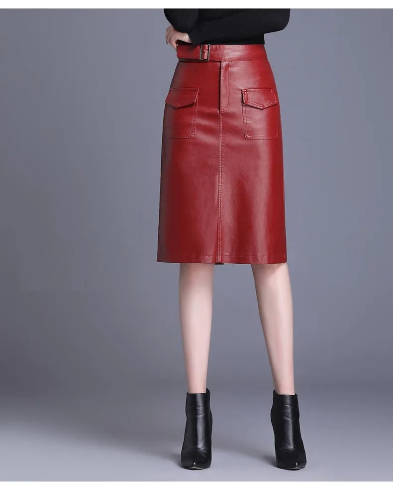 ZUZK Women  Knee Length PU Leather Skirt   Spring Autumn Solid Color Casual Straight Skirts PU Leather Skirts  3 Colors
