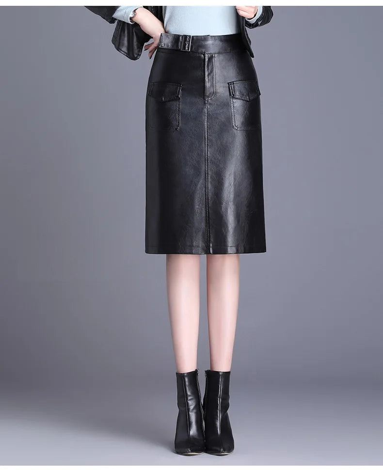 ZUZK Women  Knee Length PU Leather Skirt   Spring Autumn Solid Color Casual Straight Skirts PU Leather Skirts  3 Colors