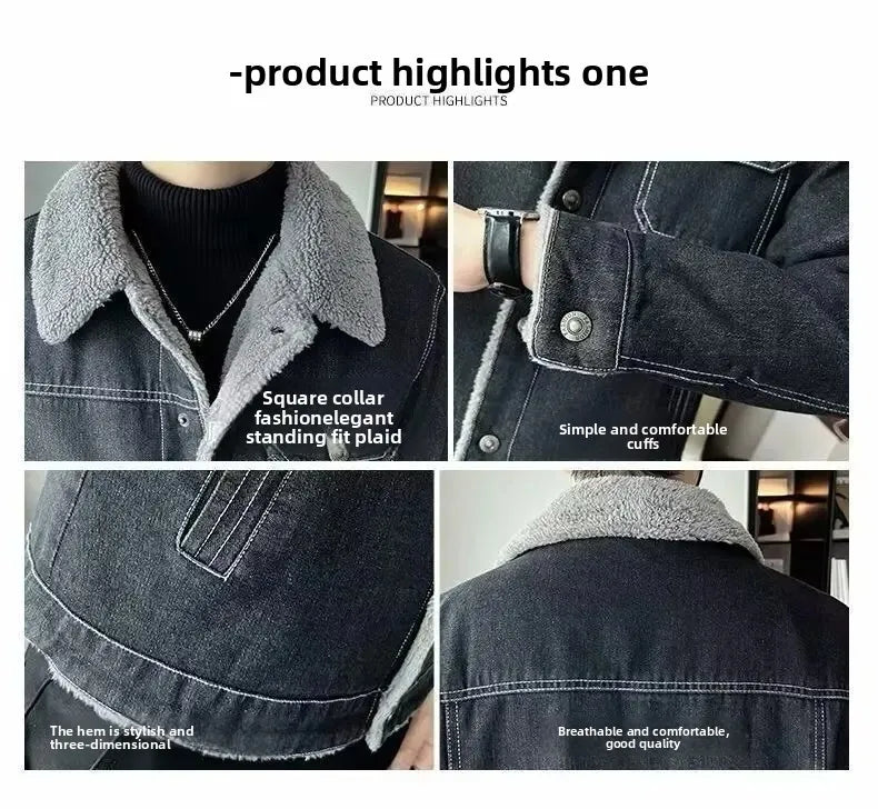 Men's Denim Jacket Winter Thickened Fleece Lined Fashionable New Arrival Hot Sale Of The Season Cotton Coat with Lamb Fur Collar