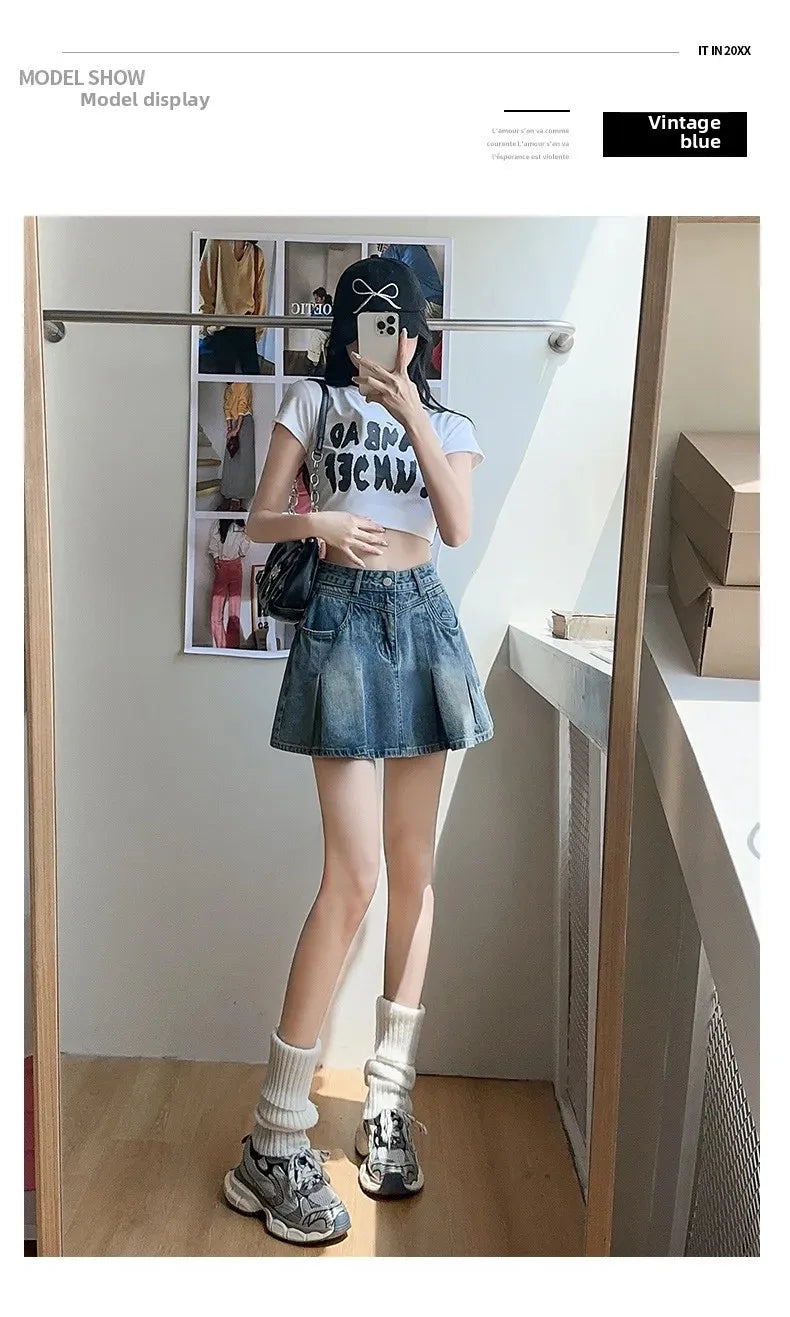 Fashionable High Waist A- Line Mini Skirt Women's Summer New Style American Retro Denim Skirts Cotton Slimming Pleated Skirts