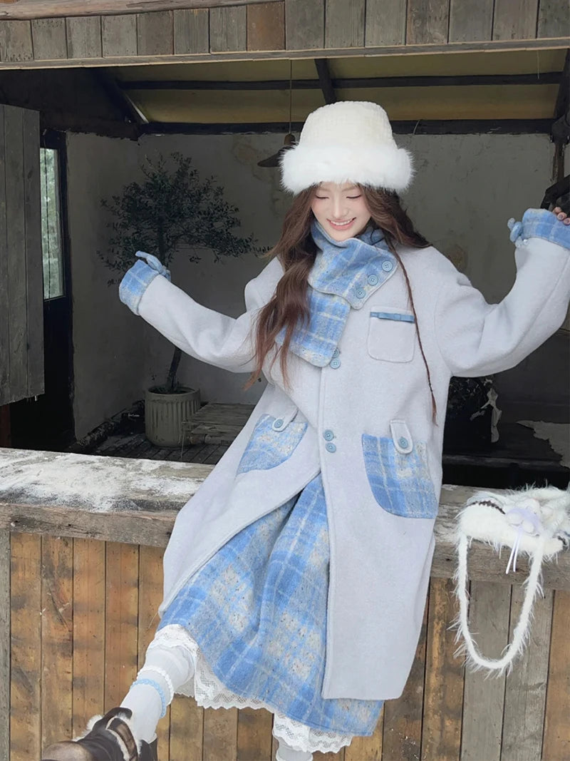 MEXZT Vintage Plaid Woolen Midi Skirt Women Japanese Kawaii Bow Lace Patchwork Skirts Winter Harajuku Cute Casual A Line Faldas