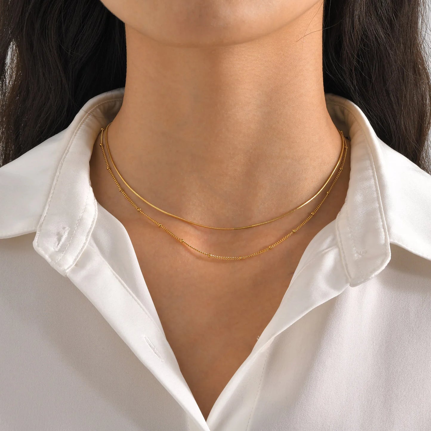 CARLIDANA Dainty Gold Color Layered Chain Women Non Tarnish Ladies Stainless Steel Beads Chain Necklace Jewelry