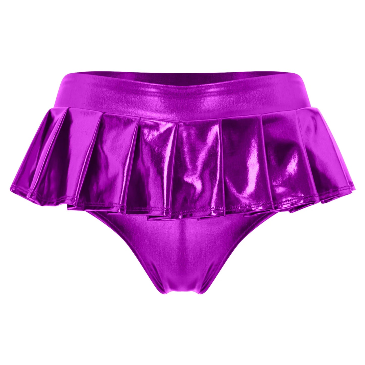 Womens Metallic Shiny Mini Skirt Elastic Waistband Pleated Skirted Underwear Culottes Micro Miniskirts Rave Party Nightclub Wear