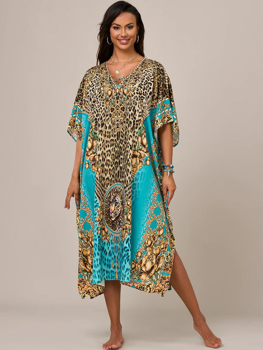 Women's Kaftan Dresses, Colorful Print Mrs Roper Caftan, Bathing Suit Cover Ups Beach Dresses