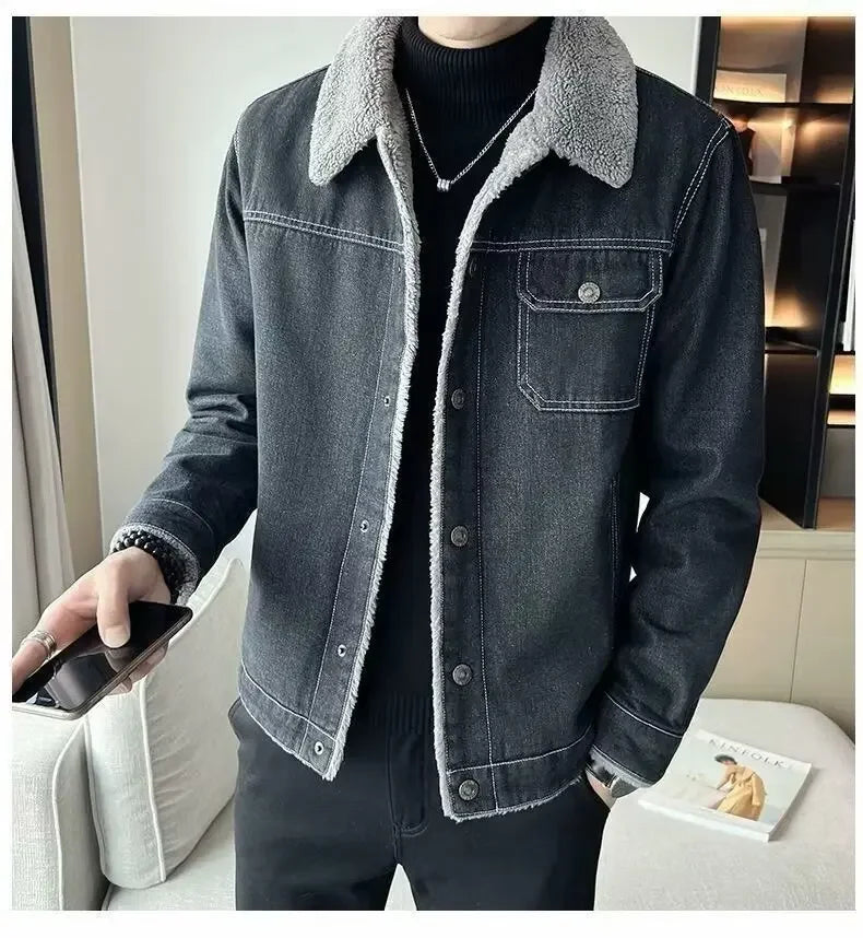 Men's Denim Jacket Winter Thickened Fleece Lined Fashionable New Arrival Hot Sale Of The Season Cotton Coat with Lamb Fur Collar
