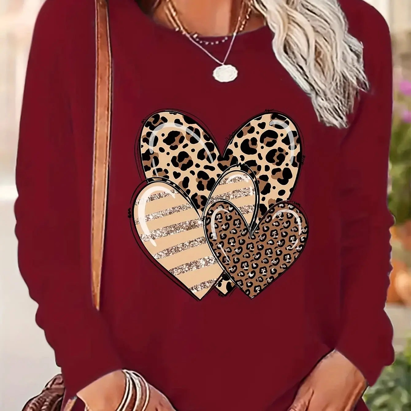 Women's Spring and Autumn 100% pure cotton fashionable casual loose heart-shaped pattern printed round neck long sleeved T-shirt