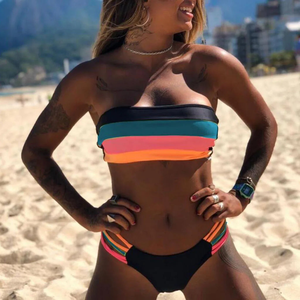 Bathing Suit Women Push-Up Swimwear New Colored Stripes Padded Strapless Bikini Set Summer Swimwears Tankinis Set Bikini Bottoms