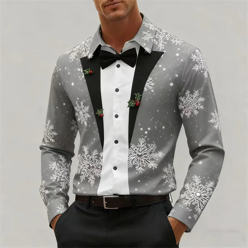 Christmas Men's Snowflake Bow Tie Pattern 3D Print Christmas Shirt Long Sleeve Tops Outdoor Holiday Gift Shirt Men Clothing