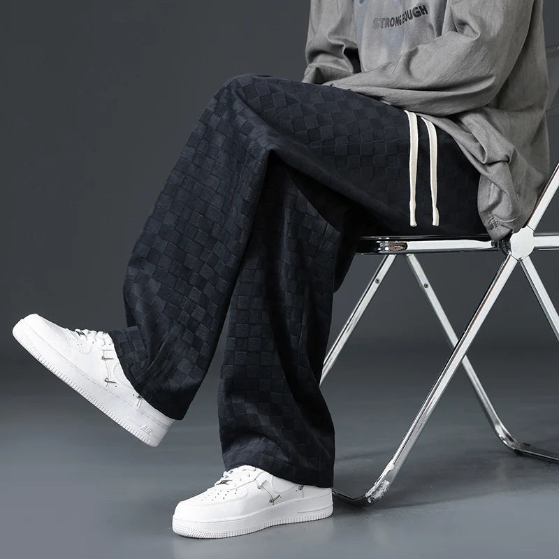Men's Checkered Velvet Sweatpants, Loose Drawstring Trousers, Trendy Checkered Pattern, Fall and Winter Casual Streetwear