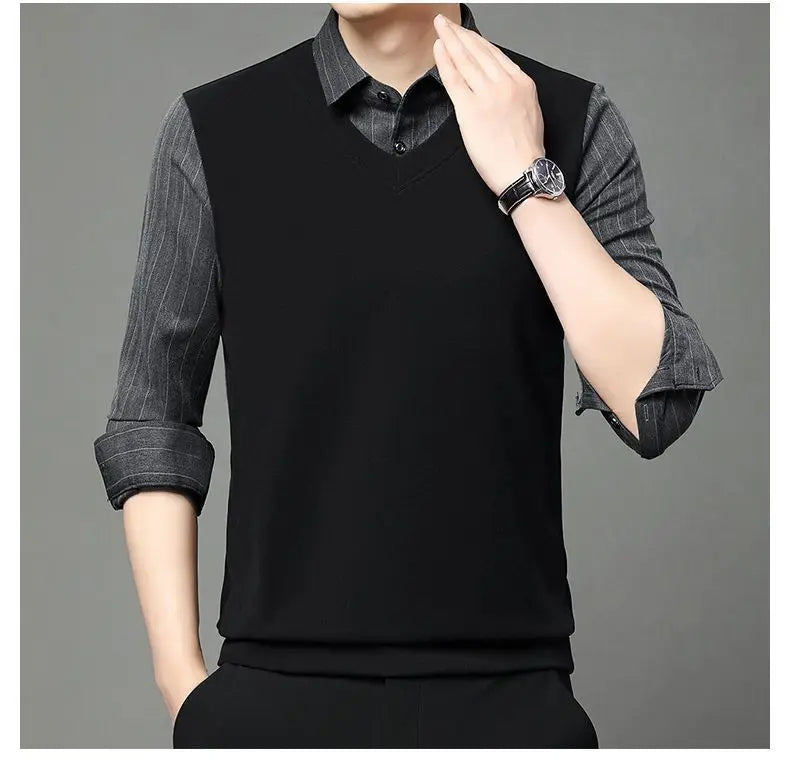 Fake Two Pieces Men Polo Shirts Turn-down Collar Striped Patchwork Business Casual Thermal Long Sleeve Comfortable Knitted Tops