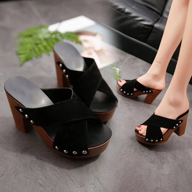 Women Sandals 2024 Summer New Square Platform Flock Casual Rivet Pumps Female Peep Toe Elegant High Heels Shoes Zapatos De Mujer