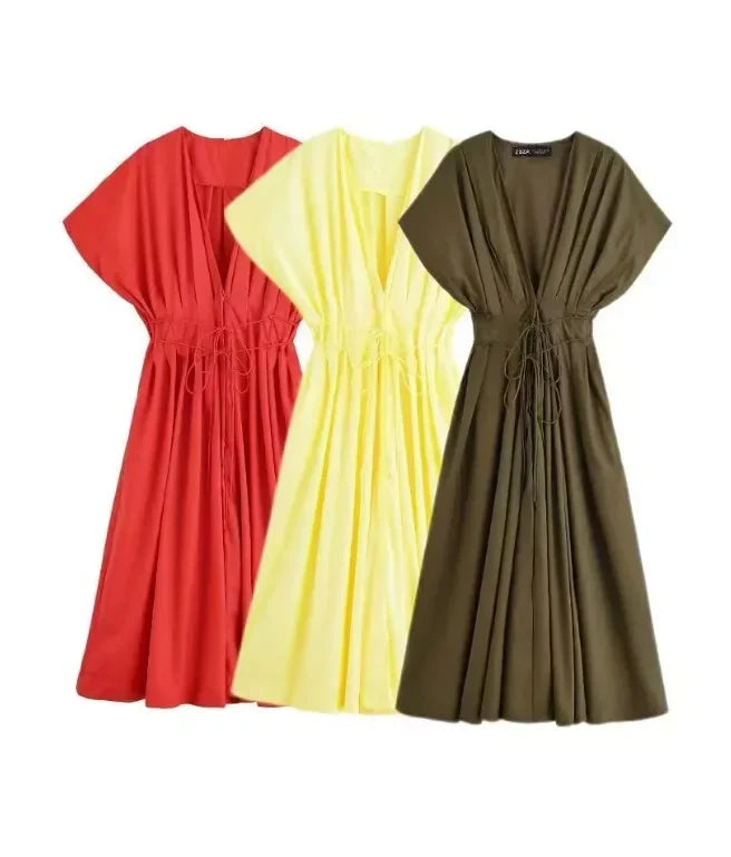 Slimming Casual Short Sleeve Pleated Shoulder Draped Dress Versatile Women's Fashion Design Knee-Length V-Neck Dress