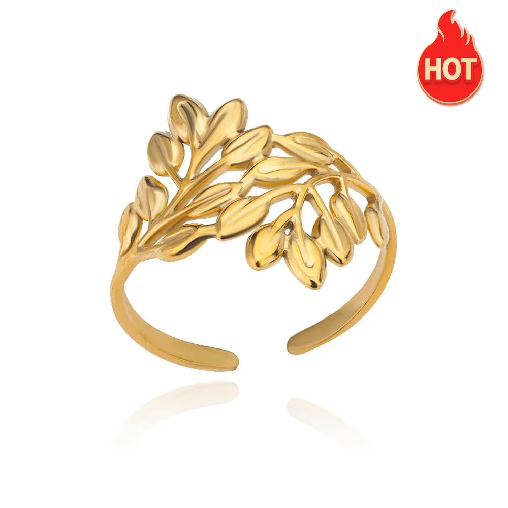 Stainless Steel Twist Chain Adjustable Rings for Women Men Simple Geometric Leave Flower Open Ring Jewelry Female Holiday Gifts