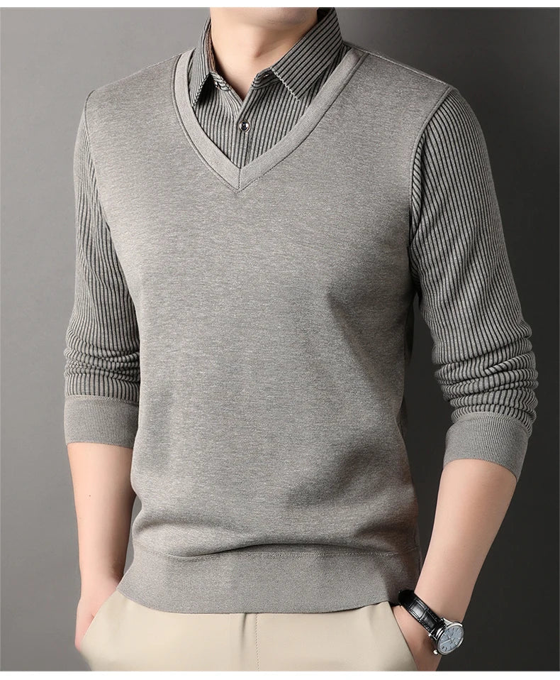 Men's Long Sve Fce Lined Knitted irt Busin Casual Sle Winter Warm Top Fake Two-Piece Design Comfortable Fit