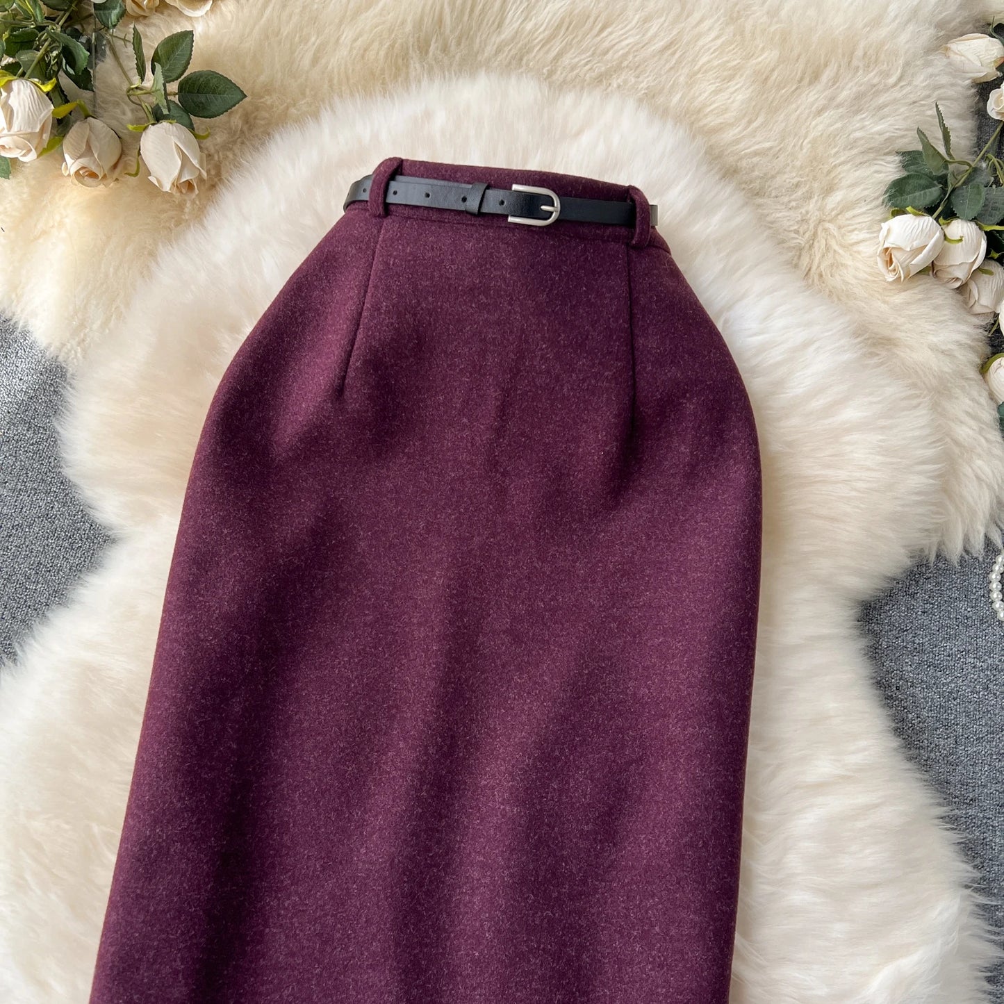 Woolen Midi Skirt Women Autumdn Winter High Waisted Elegant Pencil Skirt Female Slim Split Work Skirts