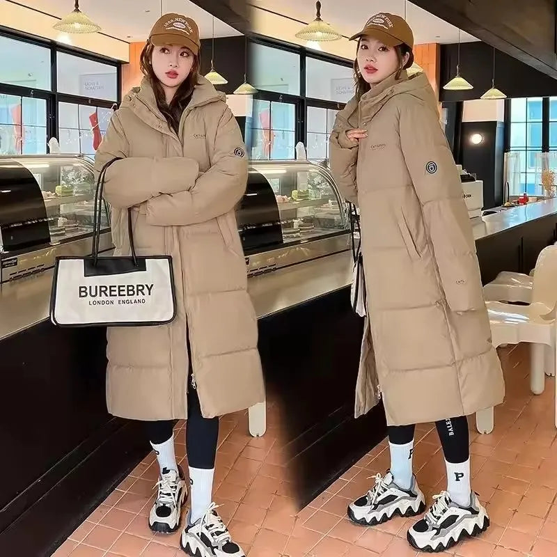 2025 Solid Long Down Parka Women with  Hood  Cotton Padded Jacket Winter Overcoat Fashion Thicken Warm Puffer Coat Female
