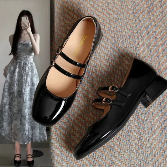 French Elegance Patent Leather Slip-On Mary Jane Shoes Retro Wine Red Buckle Strap Low Heel Thick Heel Single Shoes