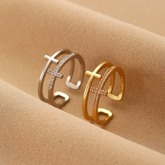 Geometric Chic Double Layered Cross Shaped Zircon Opening Ring for Women Fashion Jewelry Accessories Supports Wholesale Party