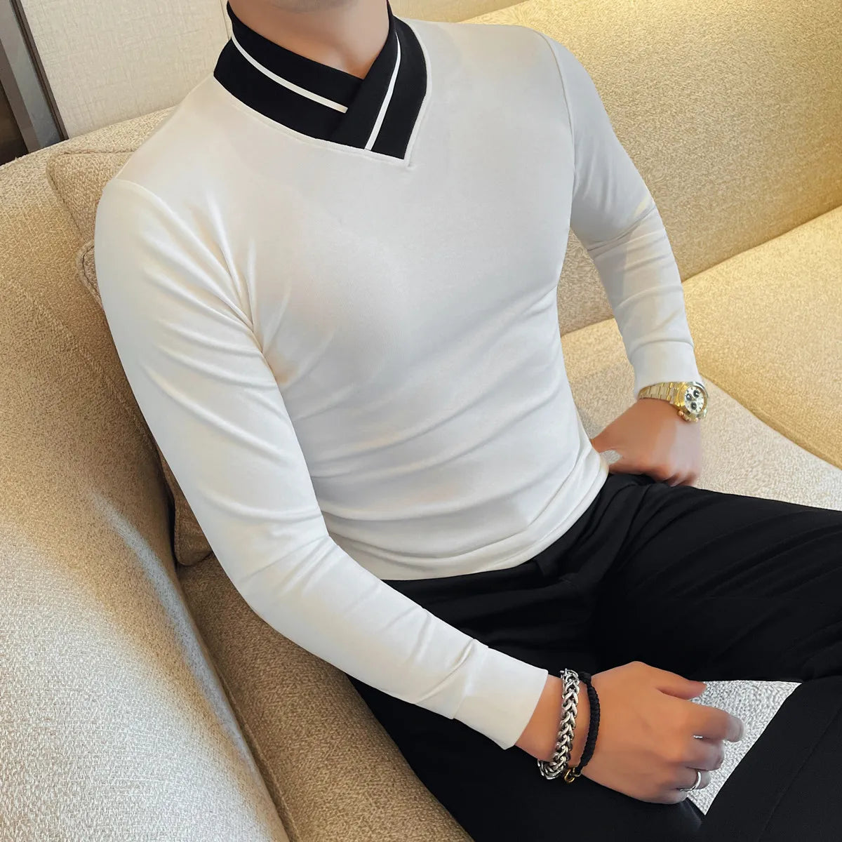 Autumn Winter Men's Mock Neck Long Sleeved T-shirt Slim Fit Elastic Solid Color Base Shirt Versatile Casual Business T-shirts